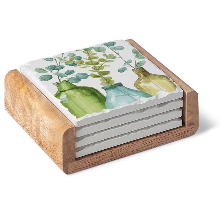 Conimar Promotions - Wholesale Coasters - Greenery 4-Pack Stone Coasters in Wooden Holder