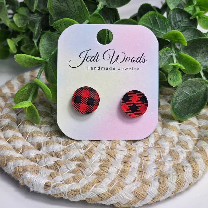 Jedi Woods LLC - Vente Clous d'oreille - Clous d'oreilles ronds à carreaux en forme de buffle rouge et noir