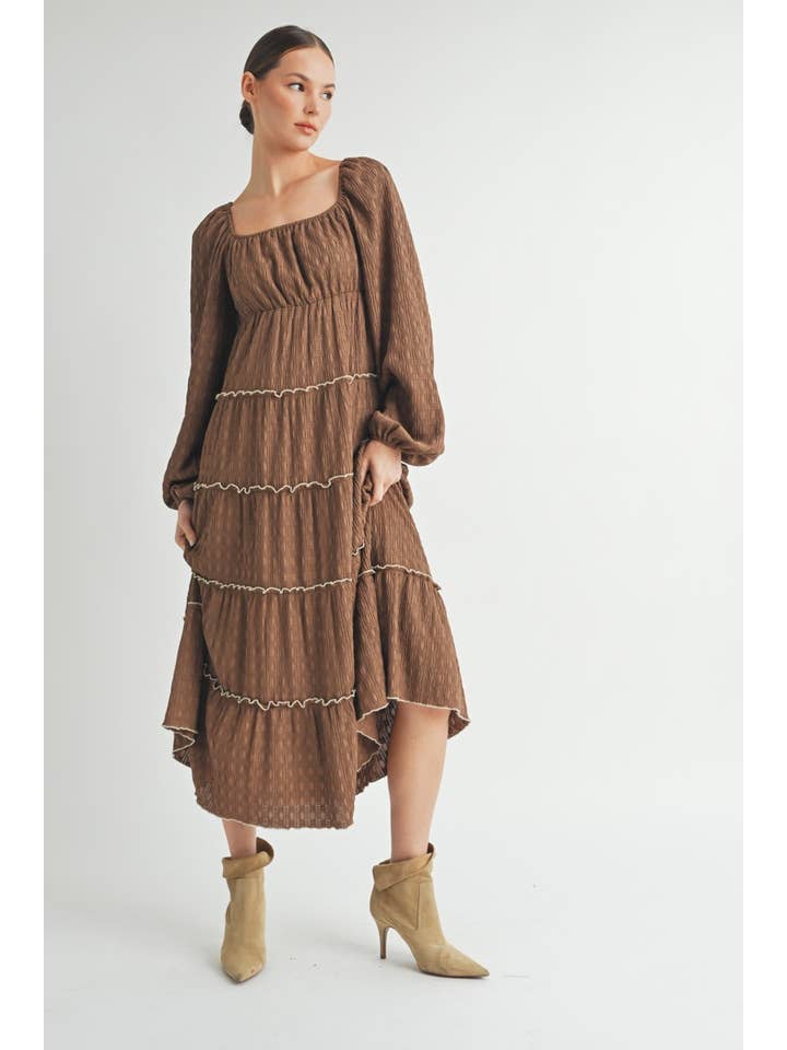Marrone Vestito midi a balze a maniche lunghe con texture - Marrone in vendita all'ingrosso su Faire13