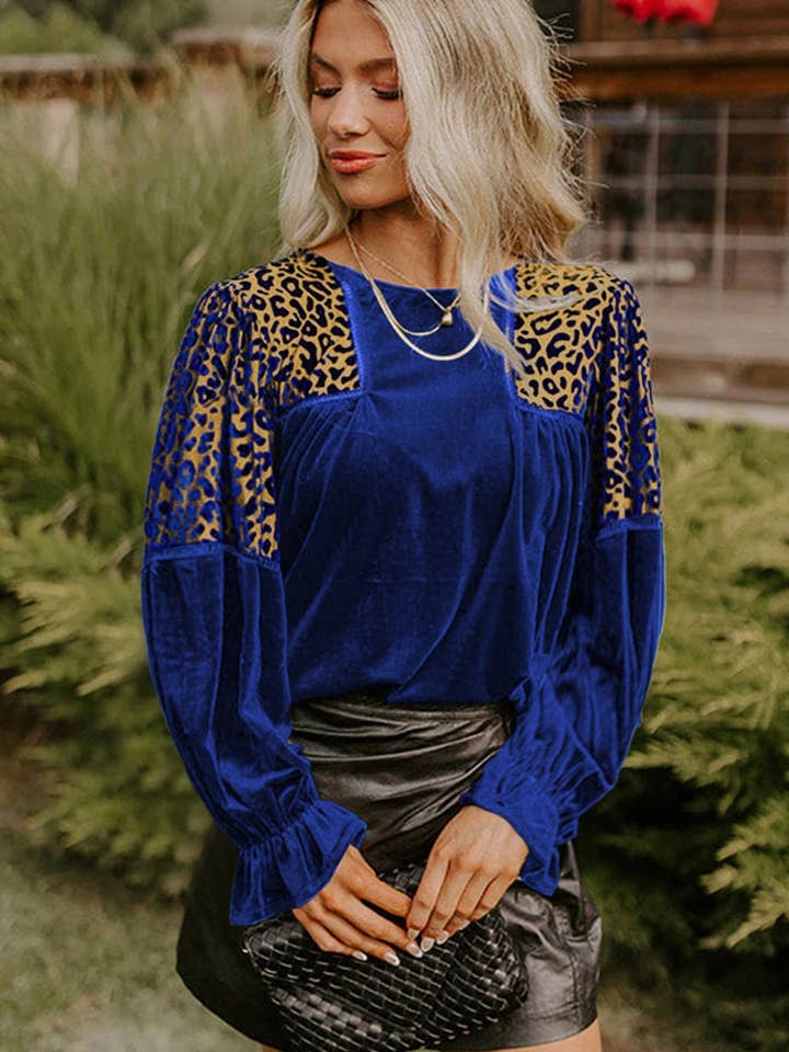 Sky Blue Leopard Patchwork Shoulder Flounce Sleeve Velvet Blouse for wholesale on Faire3