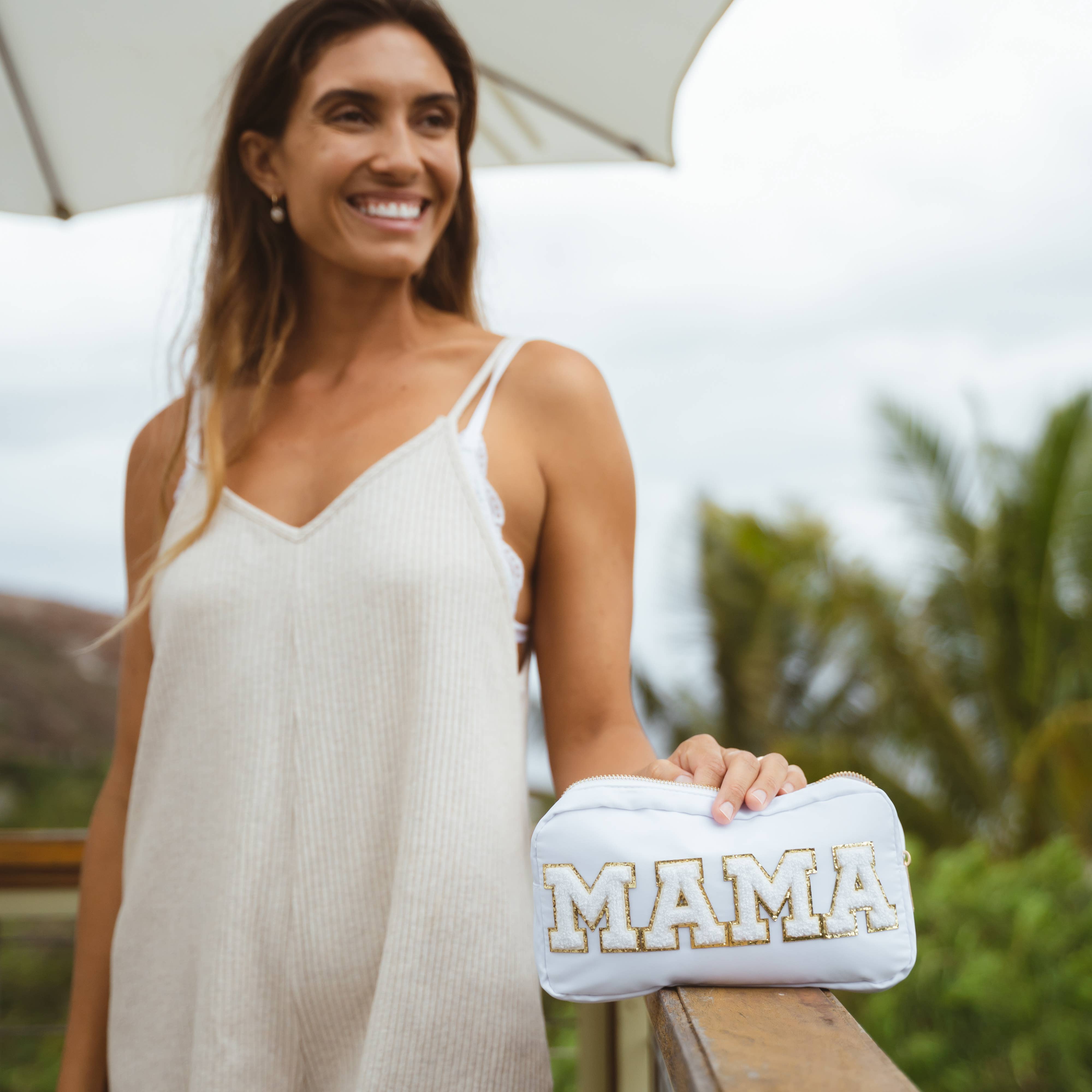 Natalia - Wholesale Pouch - Women's - Preppy White Nylon Glitter Chenille Letter Patch Bag - MAMA9