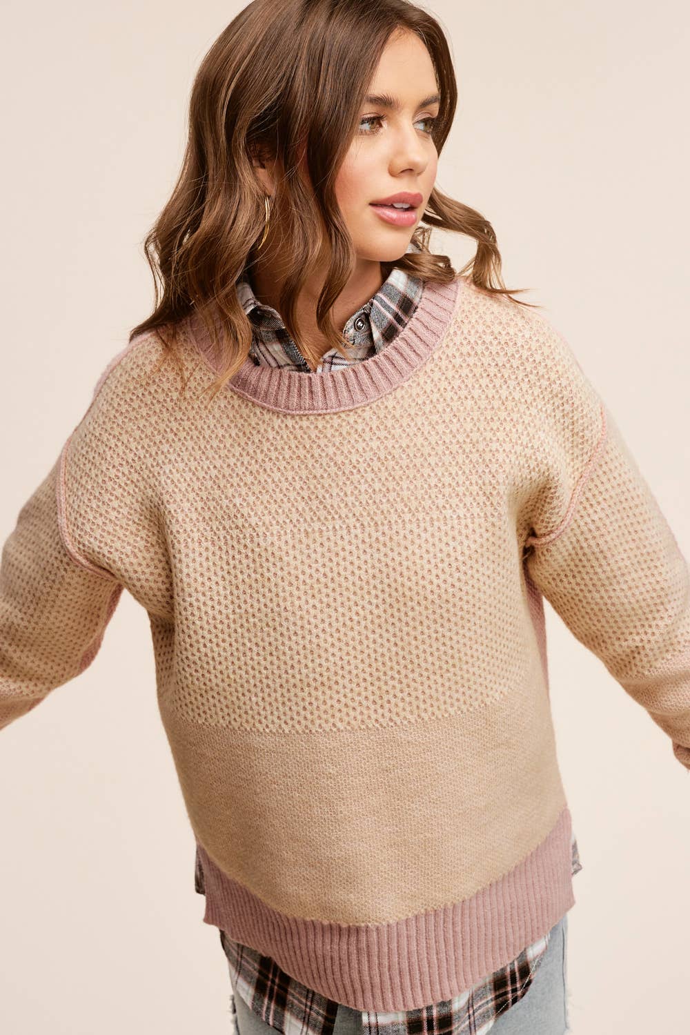 La Miel - Wholesale Knit Sweater - Women's - MCS3556-Loose Fit Color Block Textured Round Neck Sweater 28