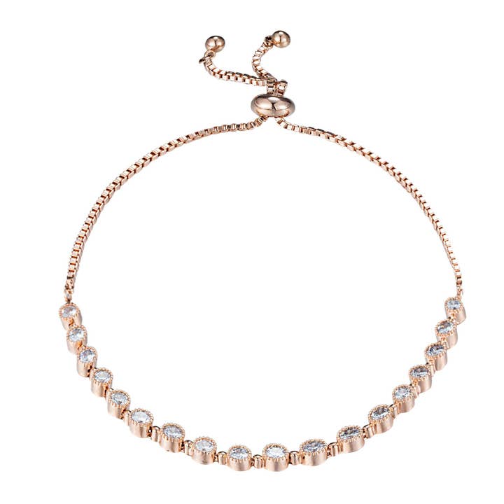 Klassiske 18kt Rose forgyldt hvid Cubic Zirconia CZ dias justerbar Tennis armbånd for engroshandel hos TiaraBleu