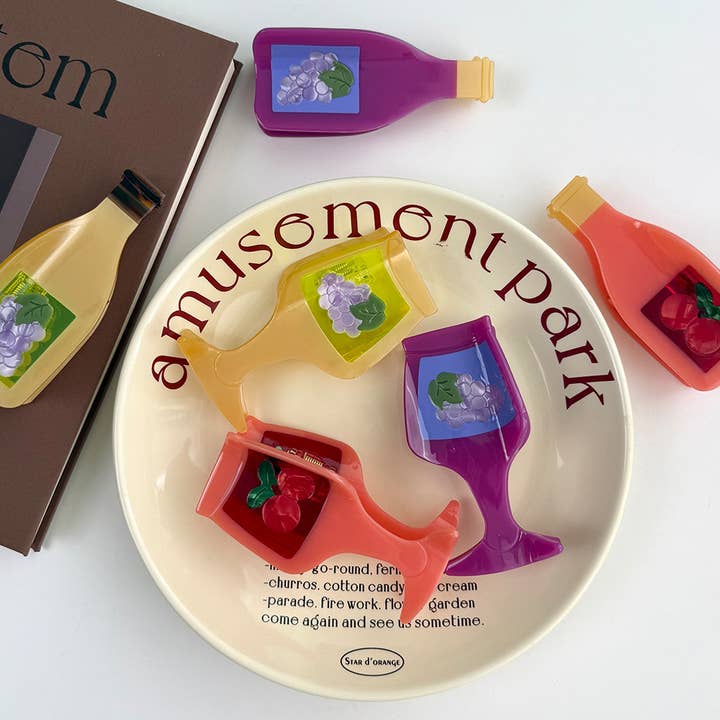 SoapElenGlen - Wholesale Hair Clip - Women's - Cherry Grape Pattern Wine Bottle & Glass Acetate Hair Claw5