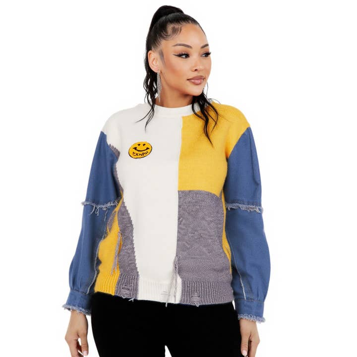 Sweat-shirt en maille avec manches en denim et patch sourire en blocs de couleur YT9008 pour la vente par Yellow Cabbage