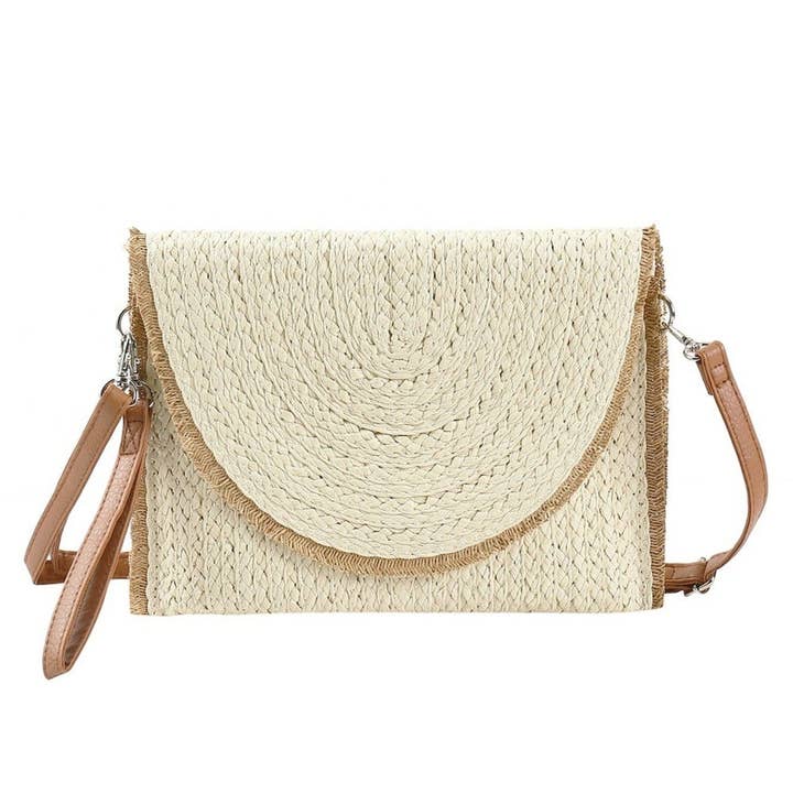 MiMi Wholesale - Wholesale Crossbody Bag - Women's - Frayed Trim Straw Women's Crossbody Bag/Clutch