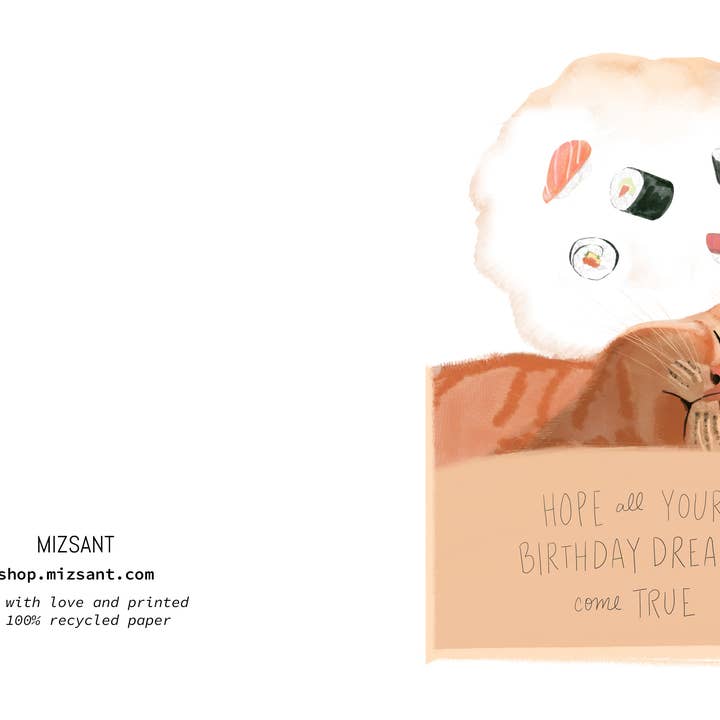MizSant Studio – Großhandel Geburtstagskarten – Cat Dreams of Sushi Geburtstagskarte