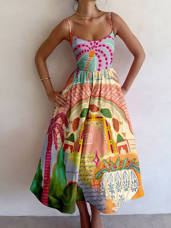 Rosa Clothing - Wholesale Dress - Women's - Vintage Puzzle & Sardine Print Sling Dress