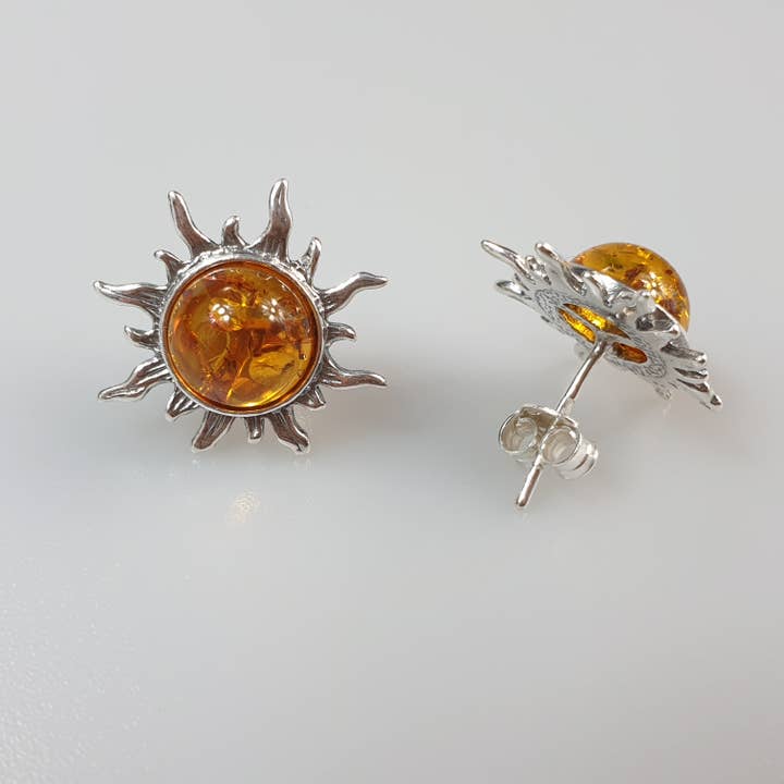 AmberLithuania - Wholesale Stud/post earrings - Sun stud earring Silver studs Gemstone Posts Flaming sun sil3