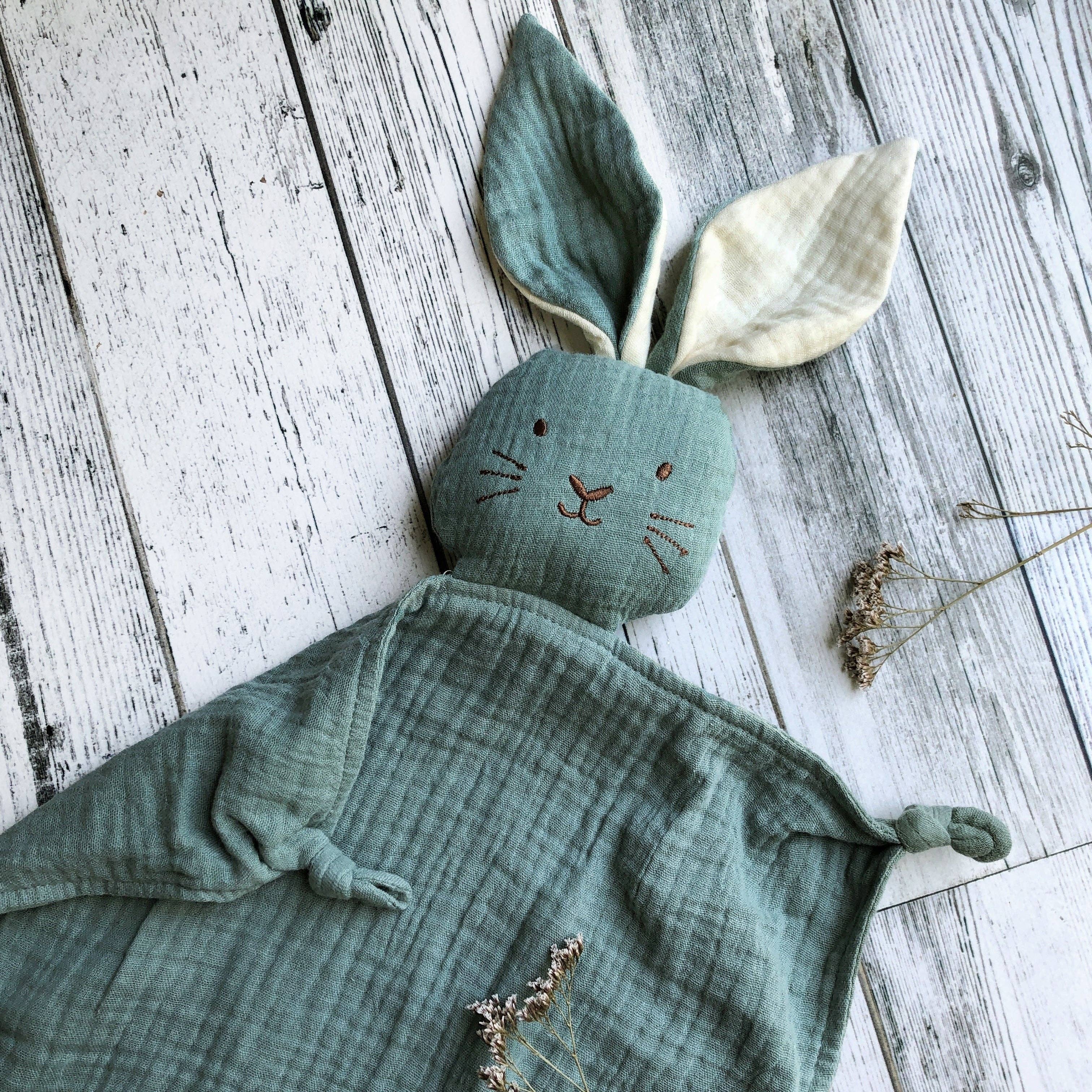 Over the Dandelions - Wholesale Security/Cuddle Blanket - Baby - Organic Muslin Bunny Lovey Sage with Milk ears1