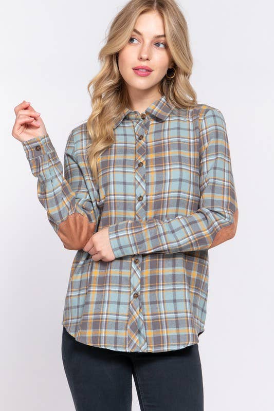 Active Basic | Active USA - Wholesale Button Down Shirt - Women's - Long Sleeve with Suede Patch Button Down Plaid Shirt0