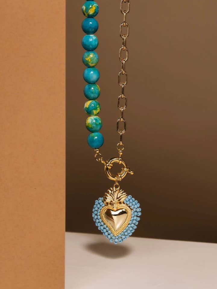 Colar de coração, corrente de contas azuis por atacado de PHOEBE´S