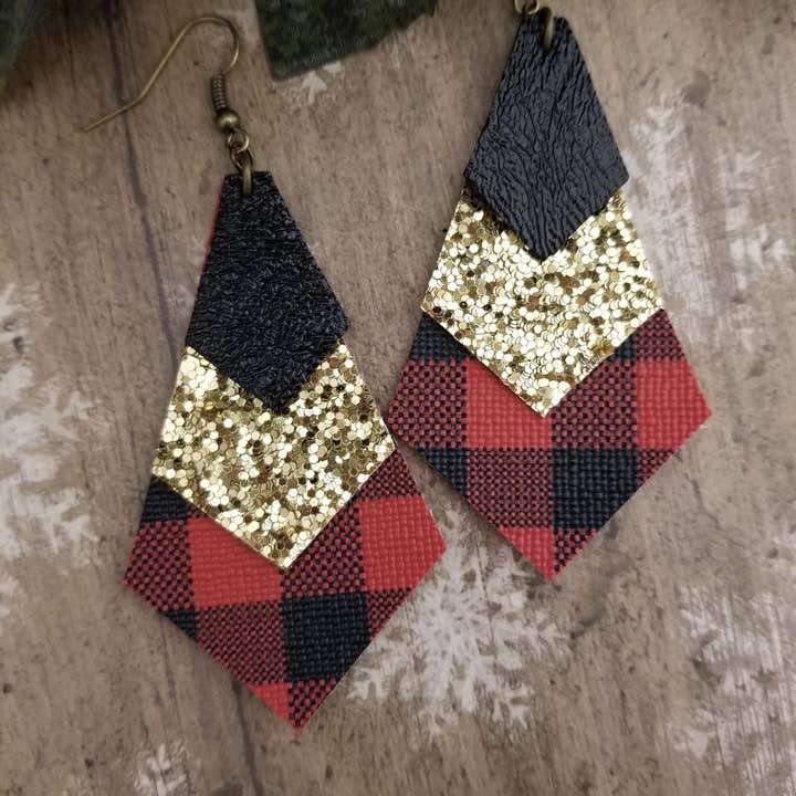 Faux Leather & Glitter Earrings Red Buffalo Plaid for wholesale by Hazel Hill ~MaeBella~