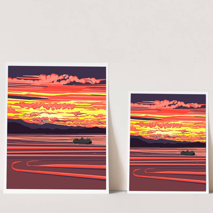 Stampa d'arte di un traghetto al tramonto nel PNW per la vendita all'ingrosso da parte di Linda Sholberg Art