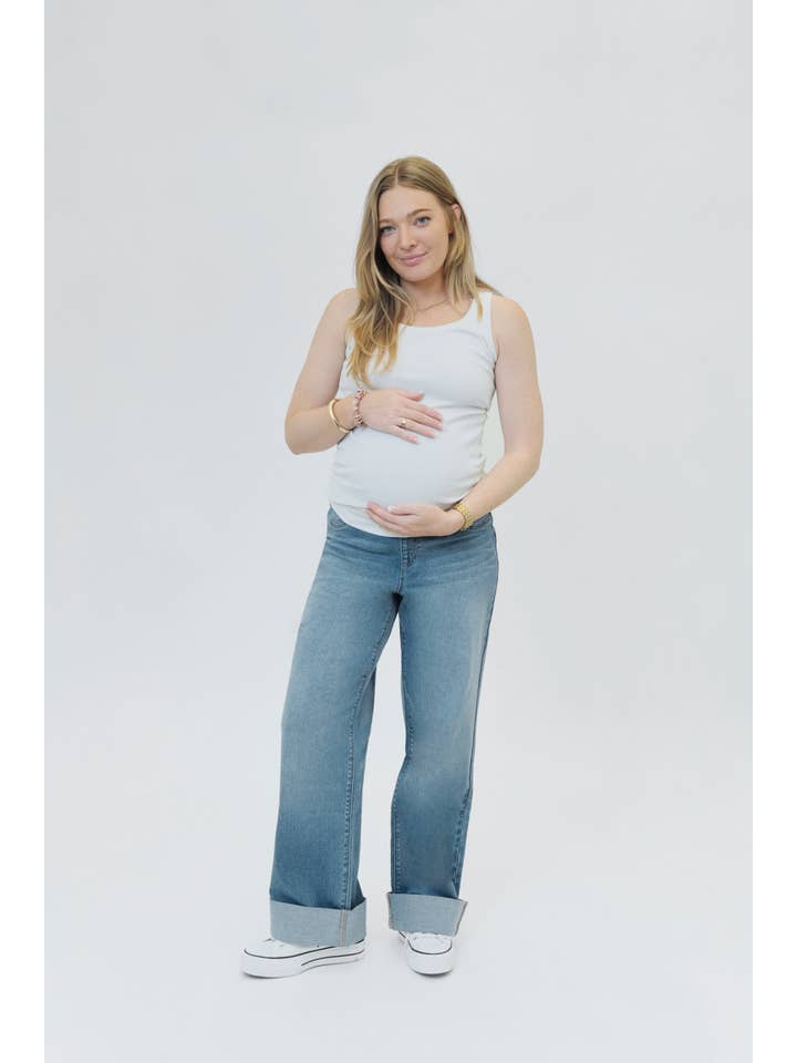 1822 Denim - Wholesale Jeans - Maternity - Maternity Roll Cuff Wide Leg Jean w/ Bellyband in Paige