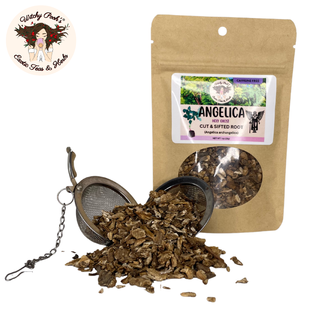 Witchy Pooh's Exotic Teas & Herbs – Chá solto por atacado – Chá de Angélica da Bruxa Pooh - Raiz Cortada e Peneirada, Espírito Santo9