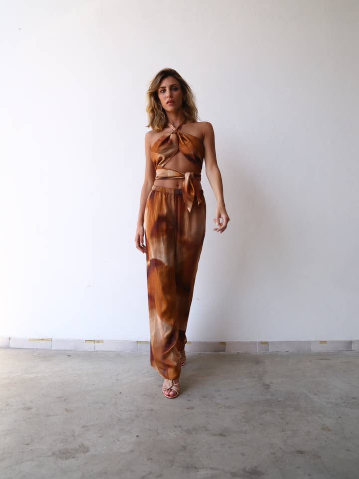 F4052 PANTALONE A PALAZZO FANTASIA DEVOIREE BOLLE MARRONE per la vendita all'ingrosso da parte di Moqette