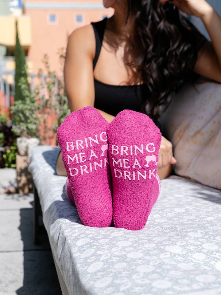 Living Royal - Wholesale Socks - Unisex - Fuzzy Crew Socks w/ Bottom Grip Phrase - "Bring Me a Drink"3