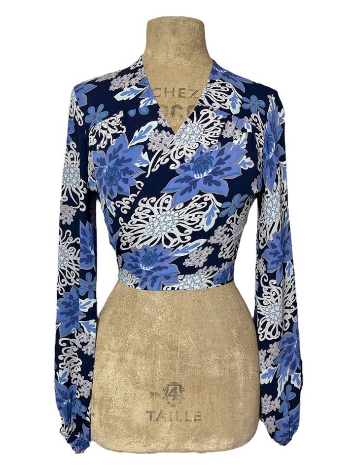 SALE! Blue Nouveau Floral Babaloo Bell Sleeve Wrap Top for wholesale by Loco Lindo