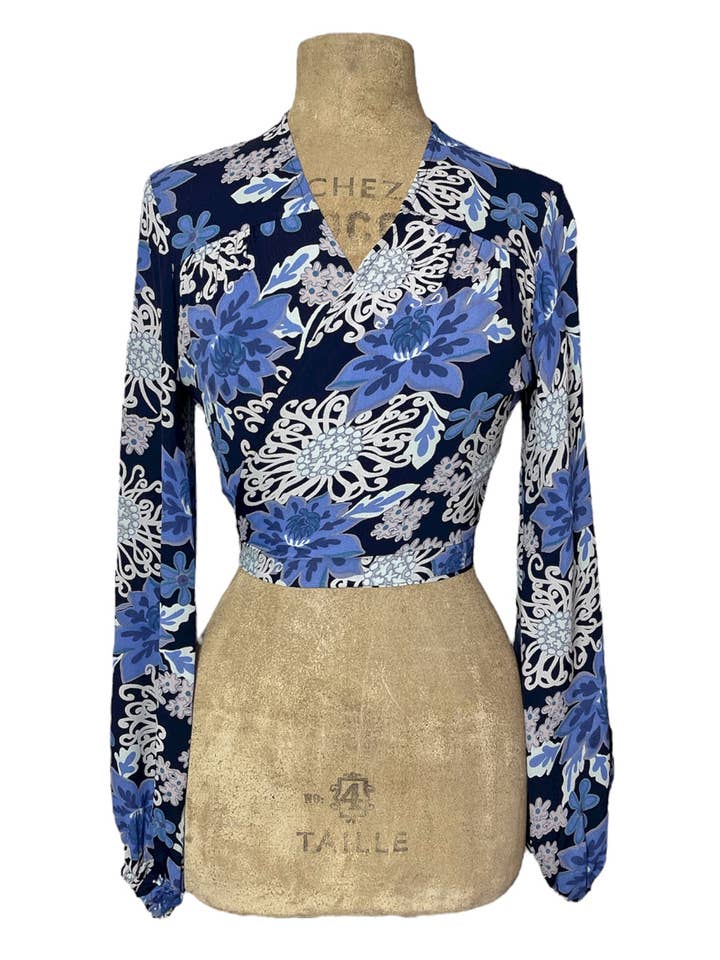 Blue Nouveau Floral Babaloo Bell Sleeve Wrap Top for wholesale by Loco Lindo