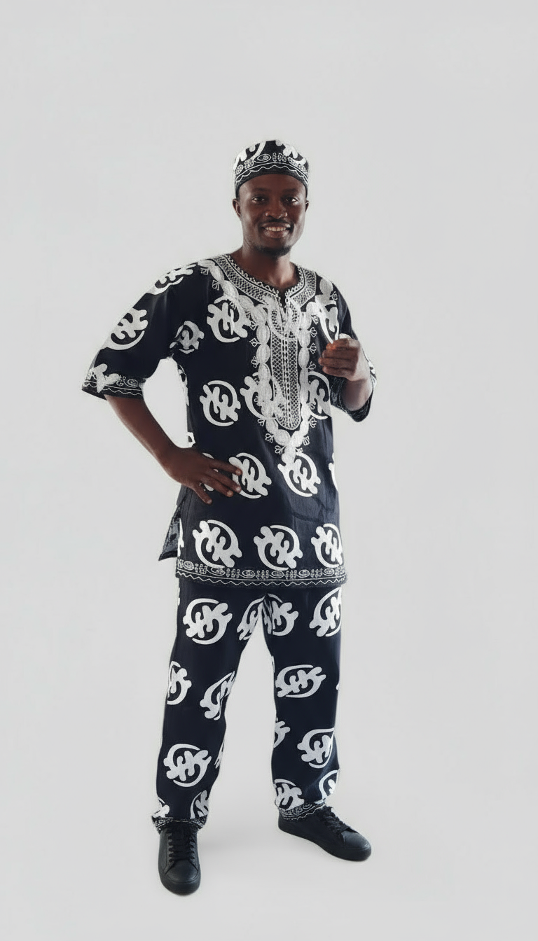 India Batik - Wholesale Top & Pant Set (NOT Loungewear) - Men's - Men's 3Pcs  Embroidery Set- Black Gynamee Print2