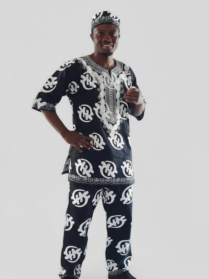 Men's 3Pcs Embroidery Set- Black Gynamee Print for wholesale by India Batik