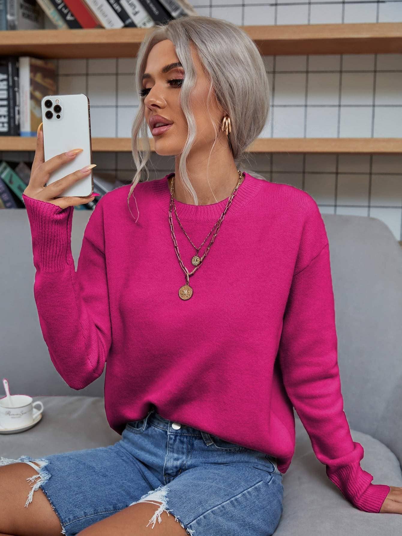 Fashion Combination – wholesale Knitted jumper – Women′s – solid drop shoulder sweater2