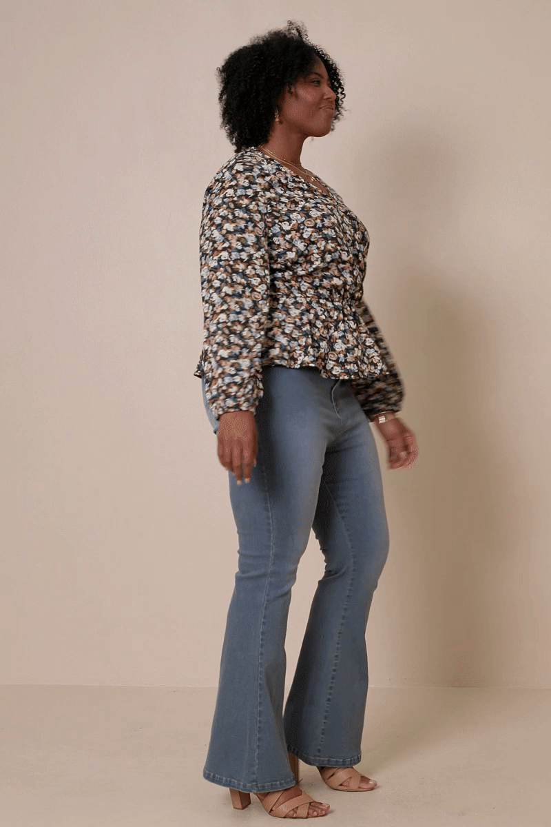 Black Womens Ditsy Floral Surplice Long Sleeve Chiffon Peplum for wholesale on Faire3