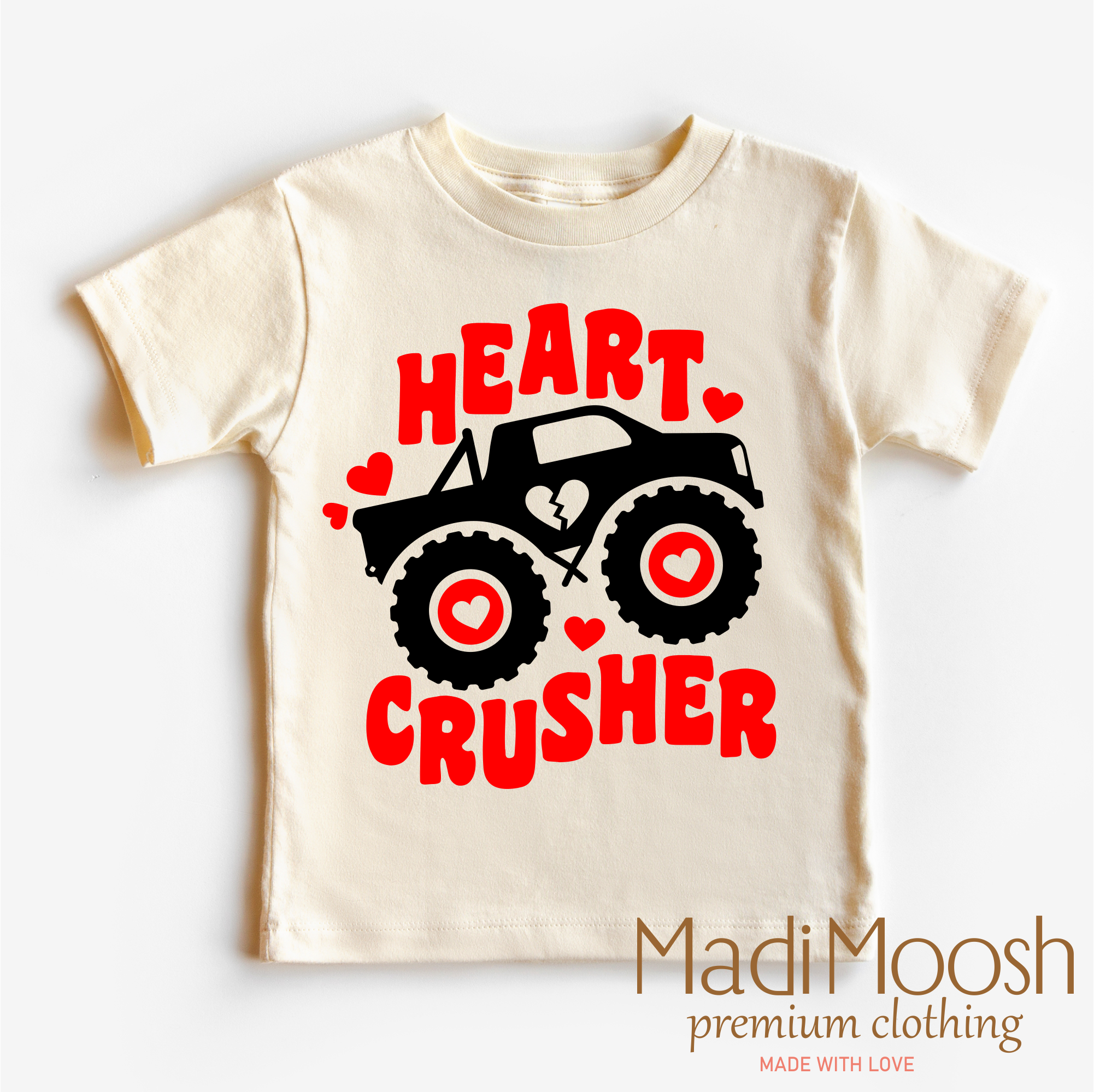 Madi Moosh - Vente T-shirt sérigraphié – enfant - T-shirt de Saint-Valentin Monster Truck Cœur Brisé - Tee de Saint-Valentin0