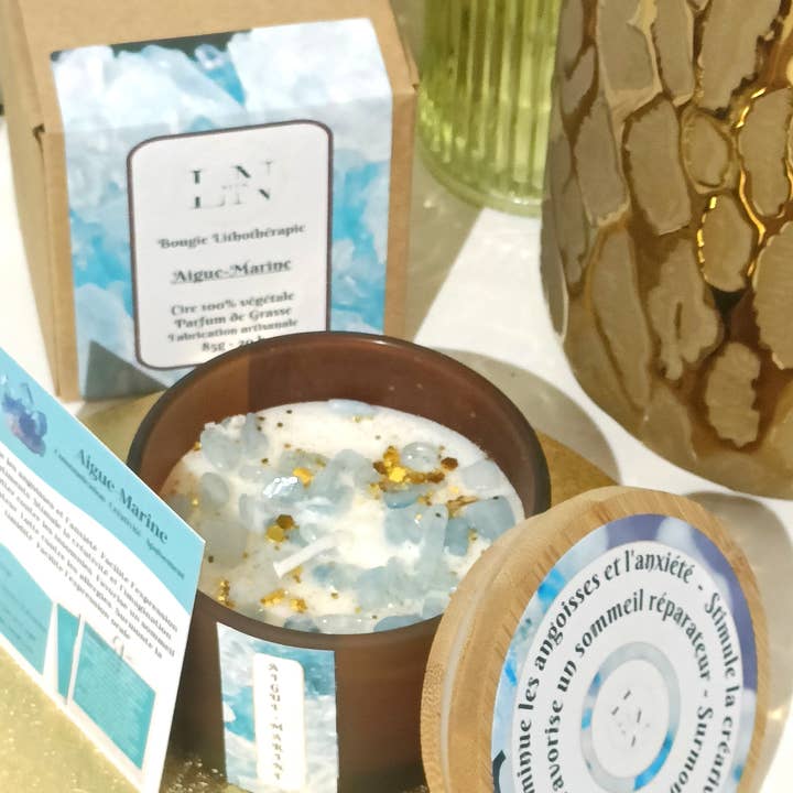Bougie Lithothérapie Aigue-Marine pour la vente par LNDECO