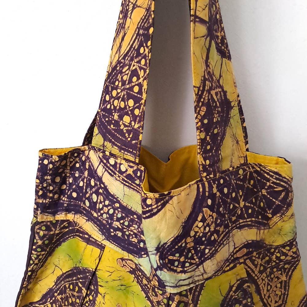 Urbanknit - Wholesale Tote Bag - Women's - African batik pleated tote- Purple and Yellow2