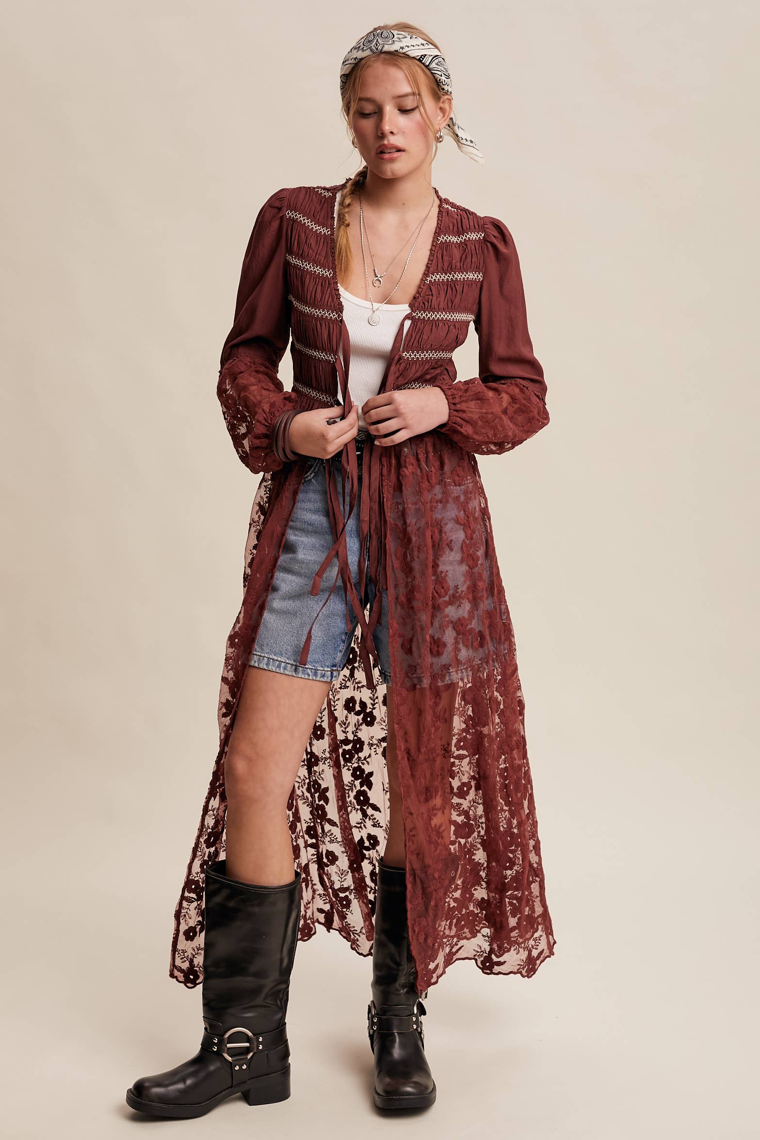 Listicle - Wholesale Kimono - Women's - Lace-Up Embroidered Maxi Kimono LJ026110