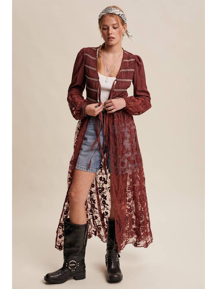 Listicle - Wholesale Kimono - Women's - Lace-Up Embroidered Maxi Kimono LJ026110