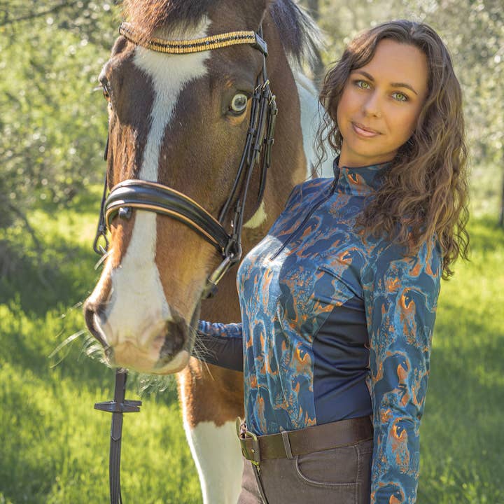Blue / Gold Women's Equestrian Sun Shirt for wholesale by Equestrian Artisans