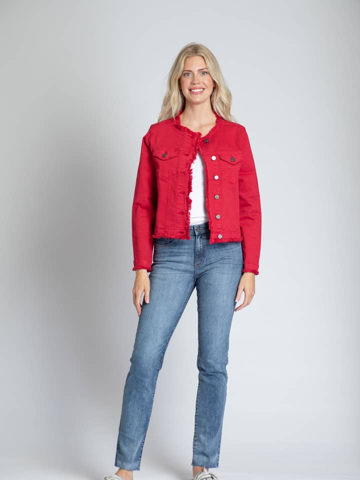 Collarless Jean Jacket With Frayed Detail - Red for wholesale by APNY