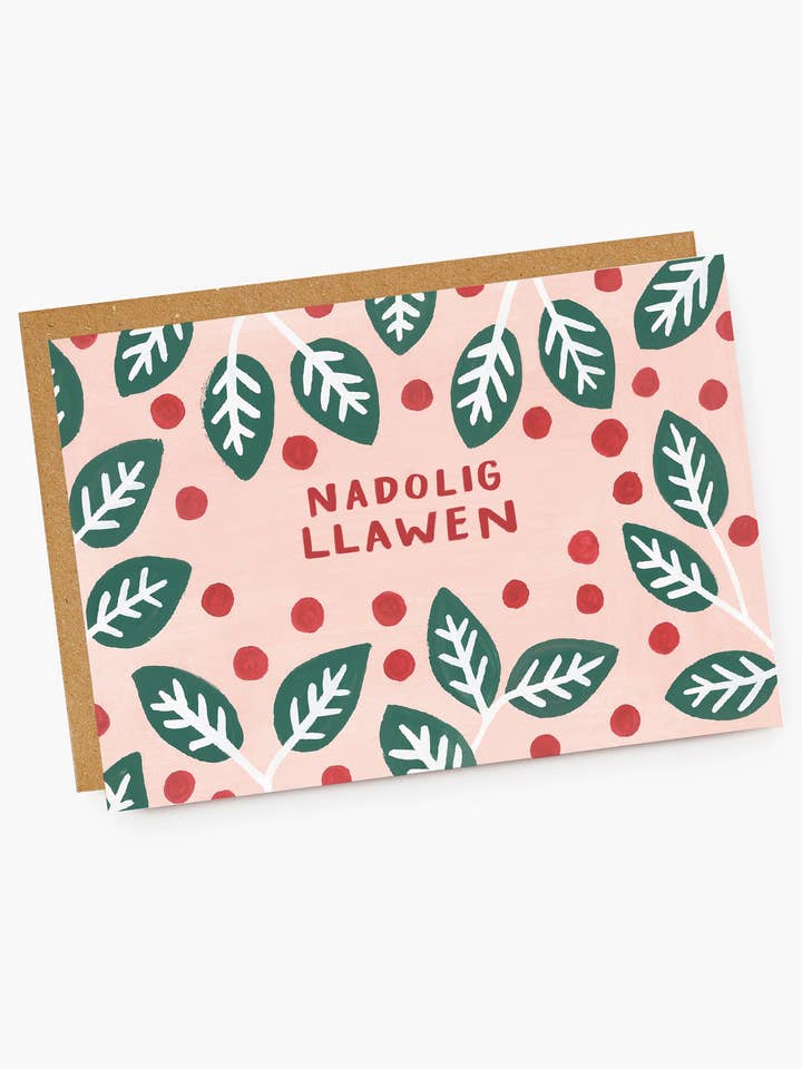 Nadolig LLawen Welsh Language Pink Holly Christmas Card for wholesale by Jade Fisher