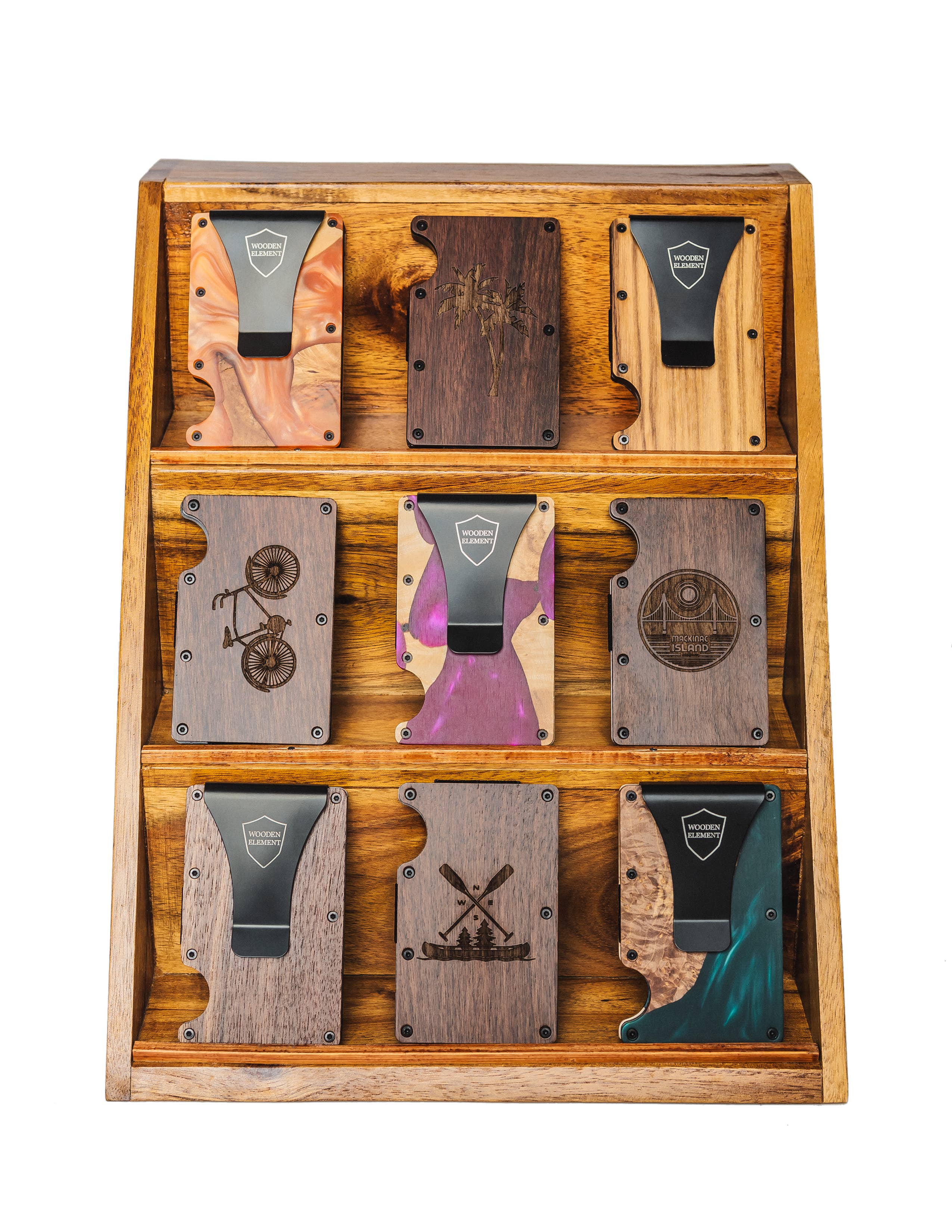 Wooden Element - Vente Présentoir – accessoires - Présentoir à portefeuilles avec 24 portefeuilles en bois et résine2