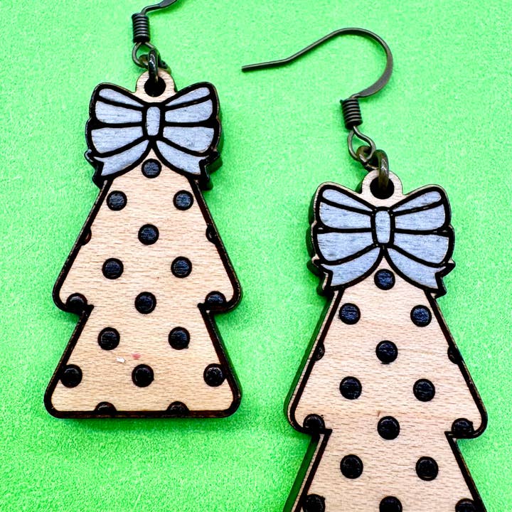 Bow Polka Dot Christmas Tree Handmade Earrings for wholesale by The Poppy Peach, LLC.