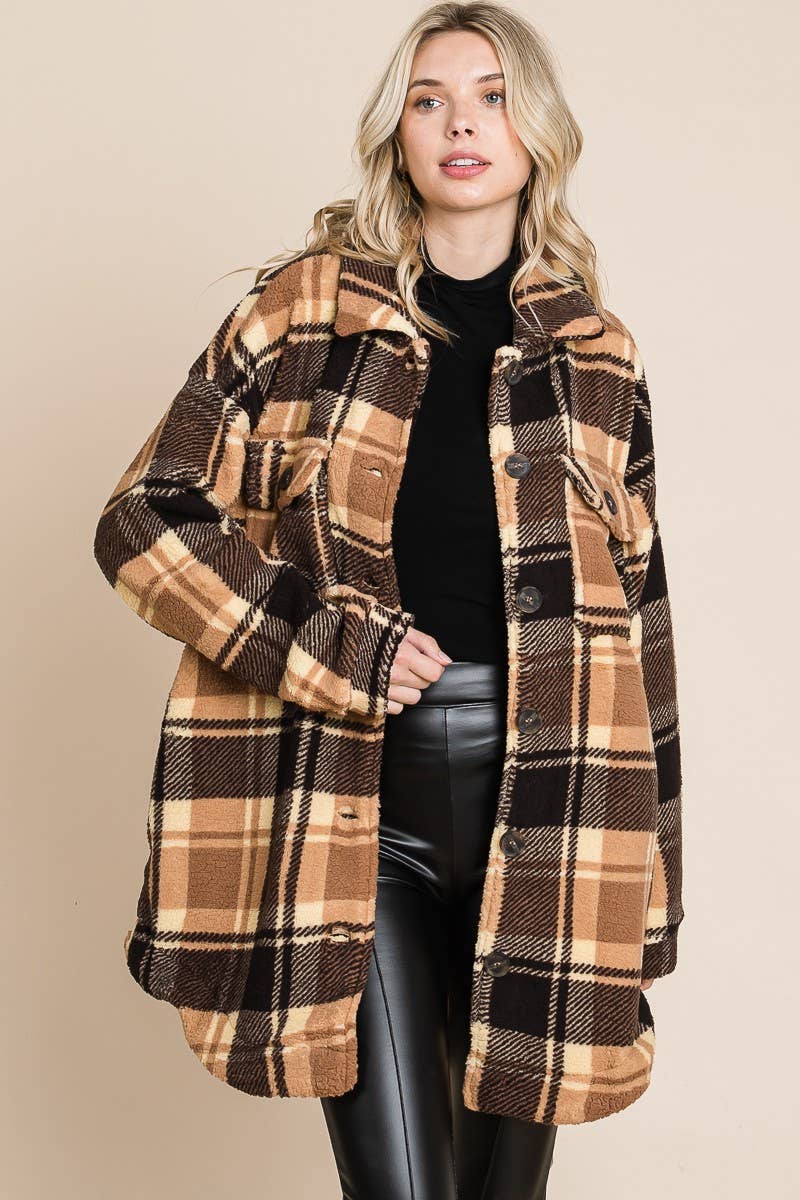 BNS - Wholesale Shirt Jacket/Shacket - Women's - Plaid Print Drop Shoulder Teddy Shacket w/Pockets1