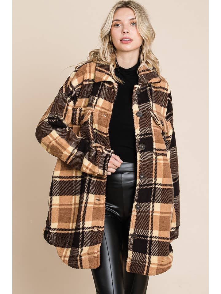BNS - Wholesale Shirt Jacket/Shacket - Women's - Plaid Print Drop Shoulder Teddy Shacket w/Pockets1