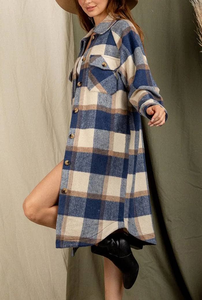 HIDDENBRAND - Wholesale Shirt Jacket/Shacket - Women's - Long Plaid Jacket With Large Lapel Pockets12