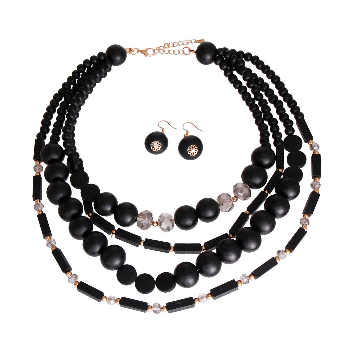 PinktownUSA - Wholesale Beaded/Pearl Necklace - Black Wooden Bead 4 Strand Necklace1