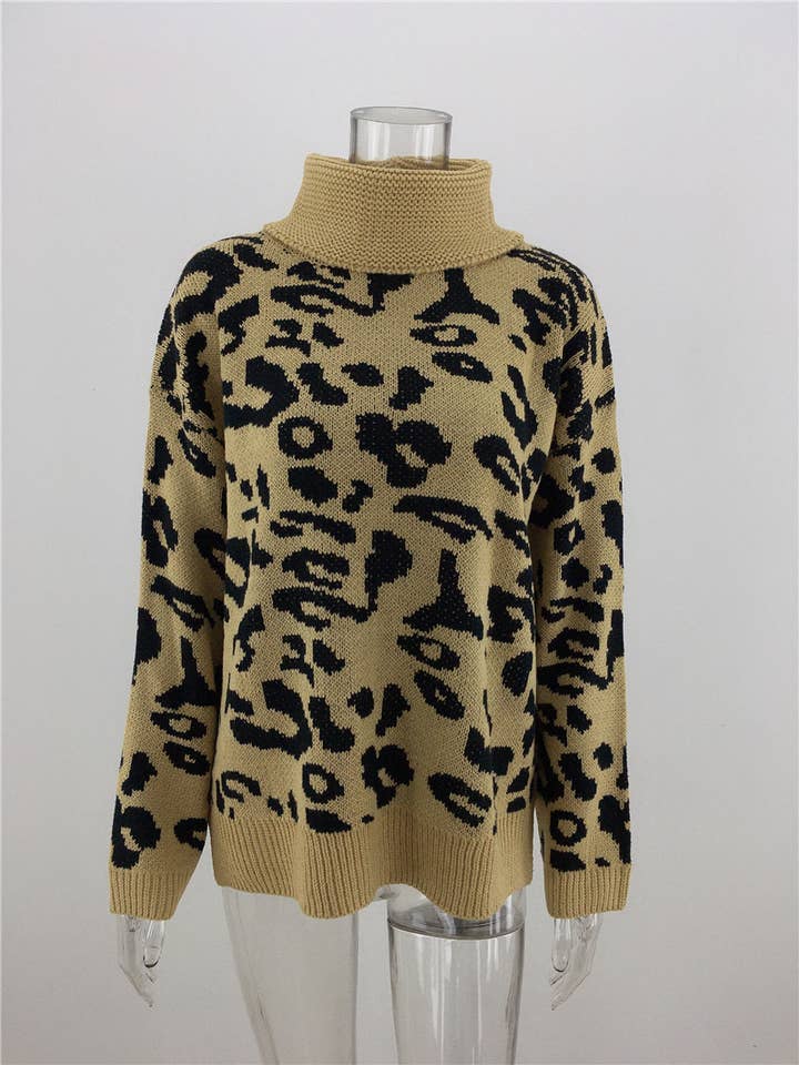 Lily Clothing - Wholesale Knit Sweater - Women's - LEOPARD PRINT SWEATER LOOSE TURTLENECK SWEATER