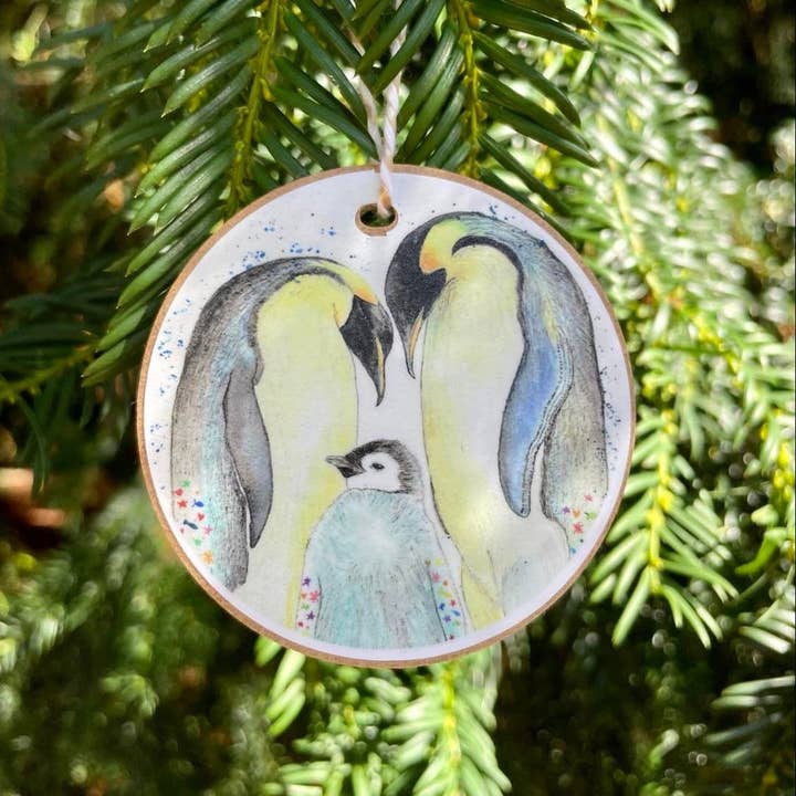 Peguins Wooden Christmas Tree Decoration Eco-Friendly FSC for wholesale by Jen Winnett Eco Artist