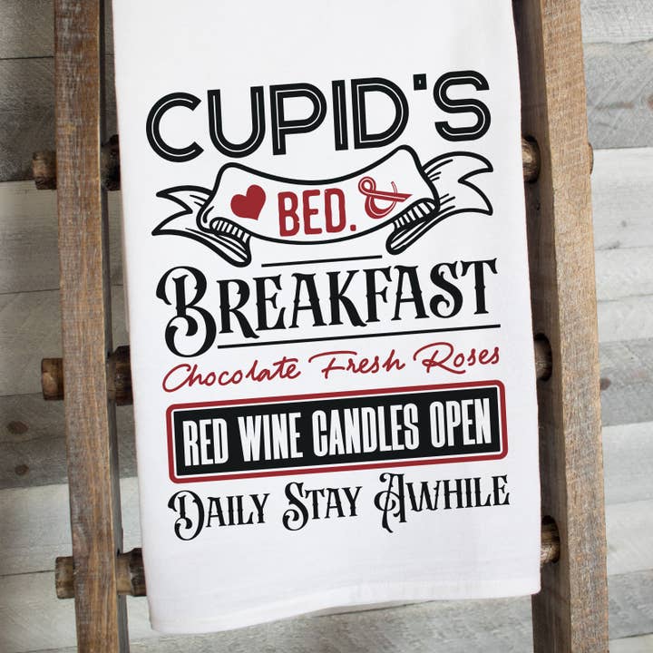 Cupid’s Bed & Breakfast Tea Towel | Valentine & Roses Decor for wholesale by This Joyful Home