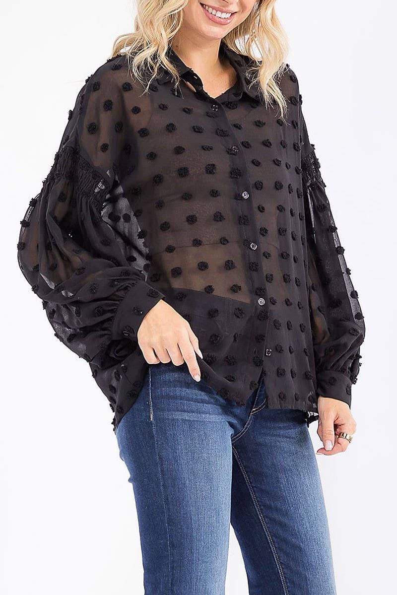 ROUSSEAU - Vente Chemise à col boutonné – femme - CHEMISIER À MANCHES LONGUES AVEC BOUTONS ET DÉTAILS À POIS SUISSES0