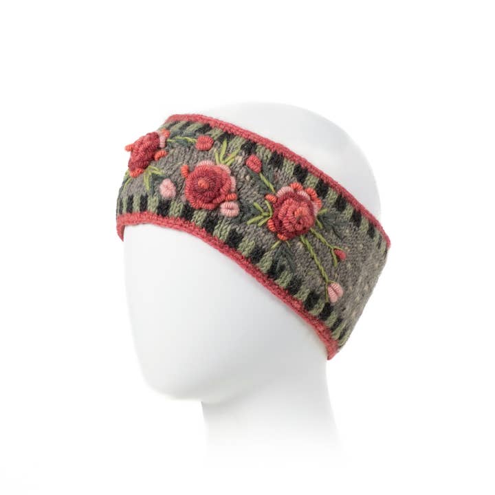 Lost Horizons Knitwear – Ships from USA - Wholesale Fashion Headband - Women's - Aubrey Headband - Hand Knit Wool Floral Embroidery0