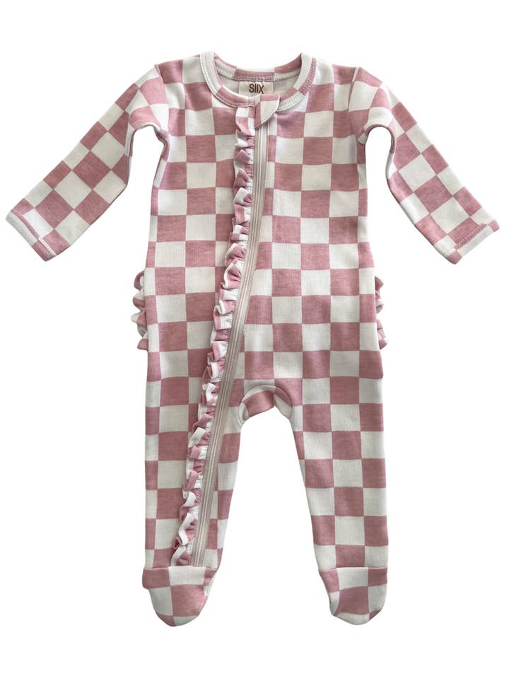 SIIX Collection - Wholesale Bodysuit (Footed) - Baby - Strawberry Shortcake Checkerboard / Organic Frill Zip Footie