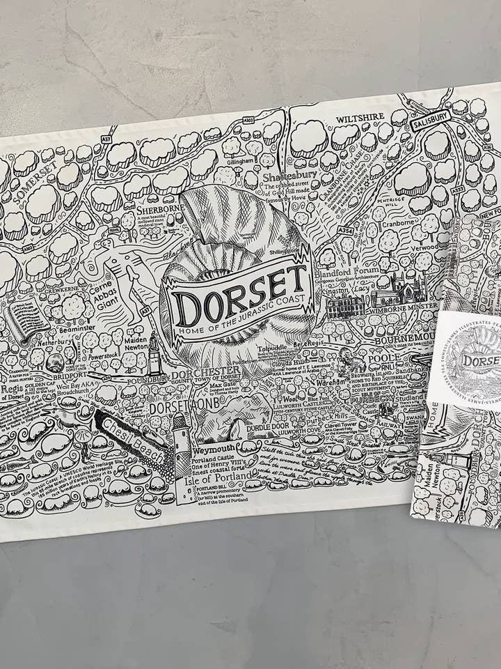 Dorset heavy cotton tea towel with hand-drawn map for wholesale by James Illustrates