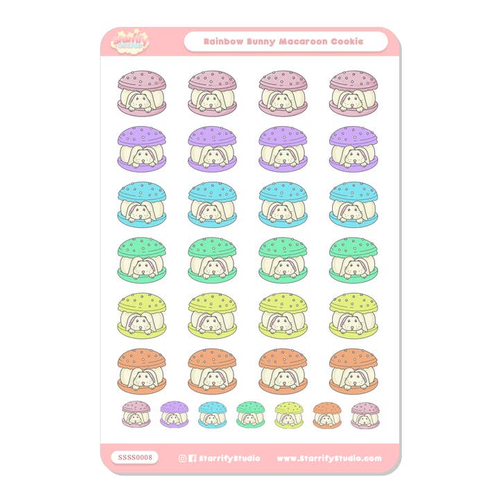 Rainbow Bunny Macaroon Sticker Sheet for wholesale by Pastel Dreamer, LLC.